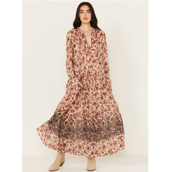 Free People See‎ It Through Floral Maxi Dress Size L Tea Combo $168 EUC - Picture 2 of 9